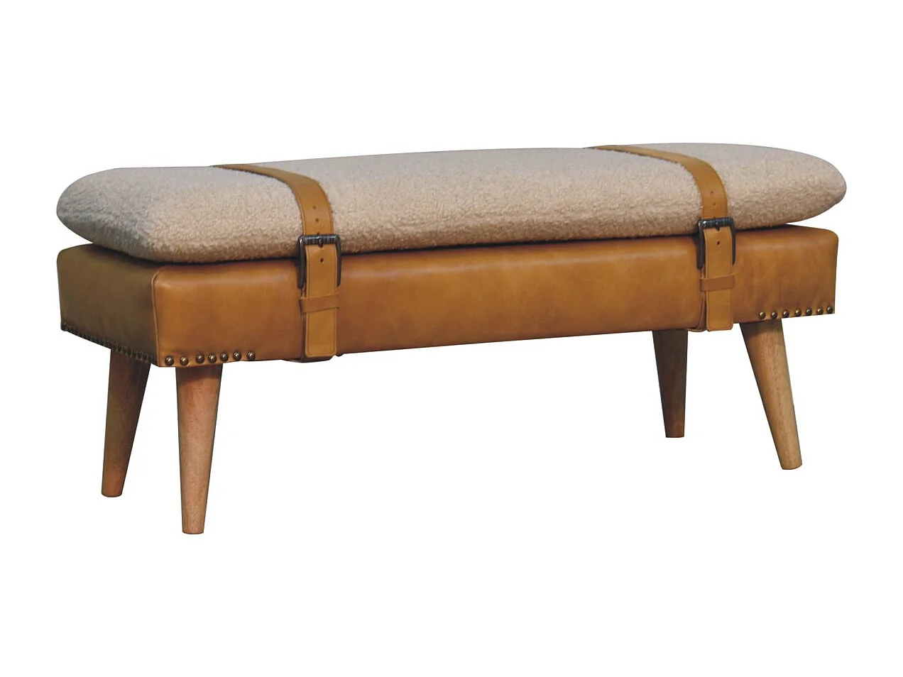 Artisan Furniture Banc en cuir Bouclé Buffalo Hide Tan en bois massif, marron clair