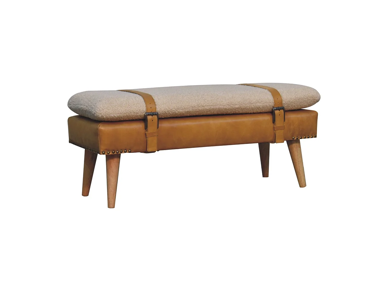 Artisan Furniture Banc en cuir Bouclé Buffalo Hide Tan en bois massif, marron clair