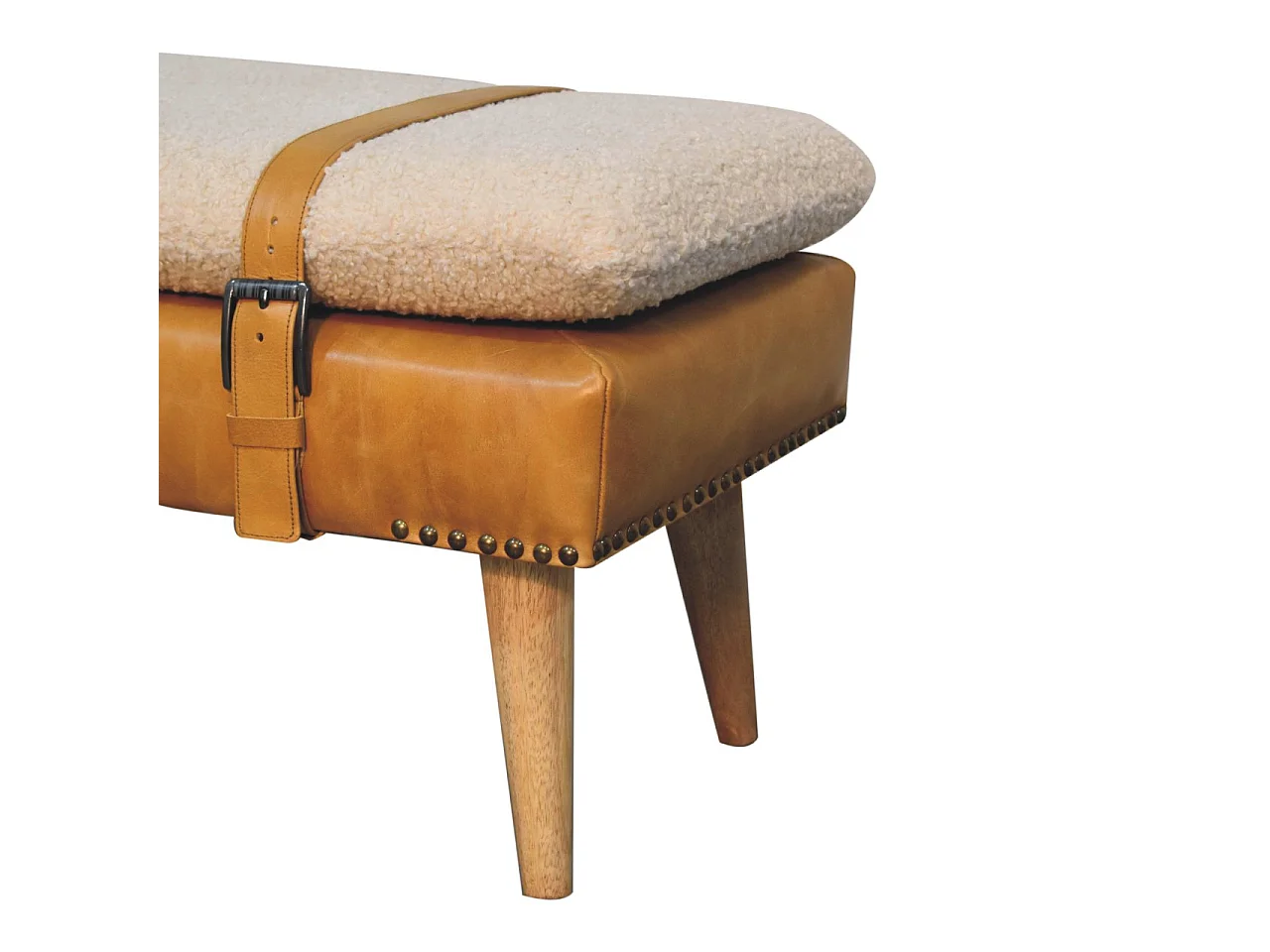 Artisan Furniture Banc en cuir Bouclé Buffalo Hide Tan en bois massif, marron clair