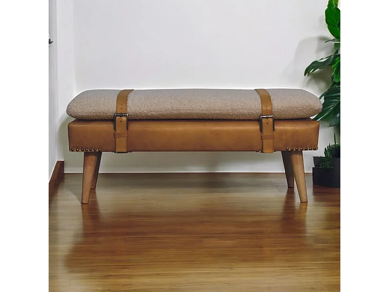 Artisan Furniture Banc en cuir Bouclé Buffalo Hide Tan en bois massif, marron clair