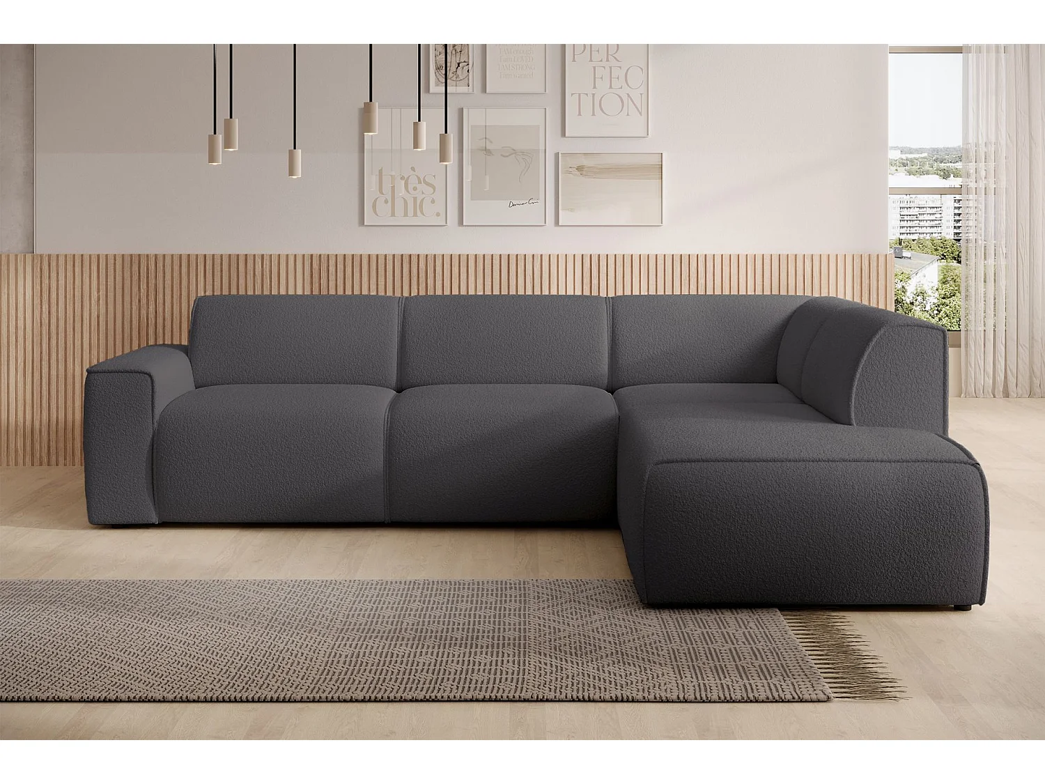 Hoekbank met rugleuning aan de ottomane – rechts – donkergrijs – bouclé – BOUVI