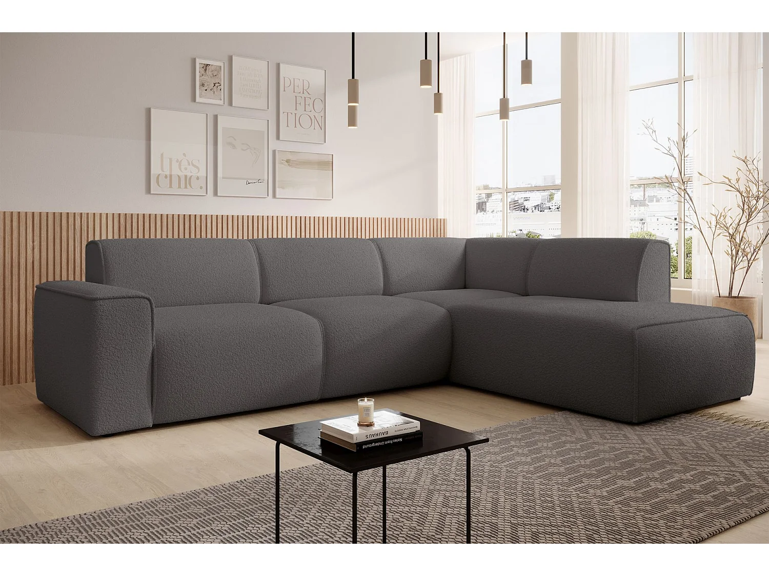 Hoekbank met rugleuning aan de ottomane – rechts – donkergrijs – bouclé – BOUVI