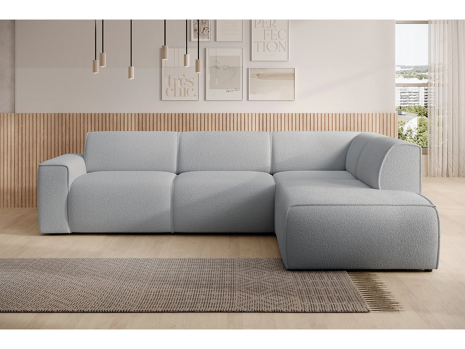 Hoekbank met rugleuning aan de ottomane – rechts – lichtgrijs – bouclé – BOUVI