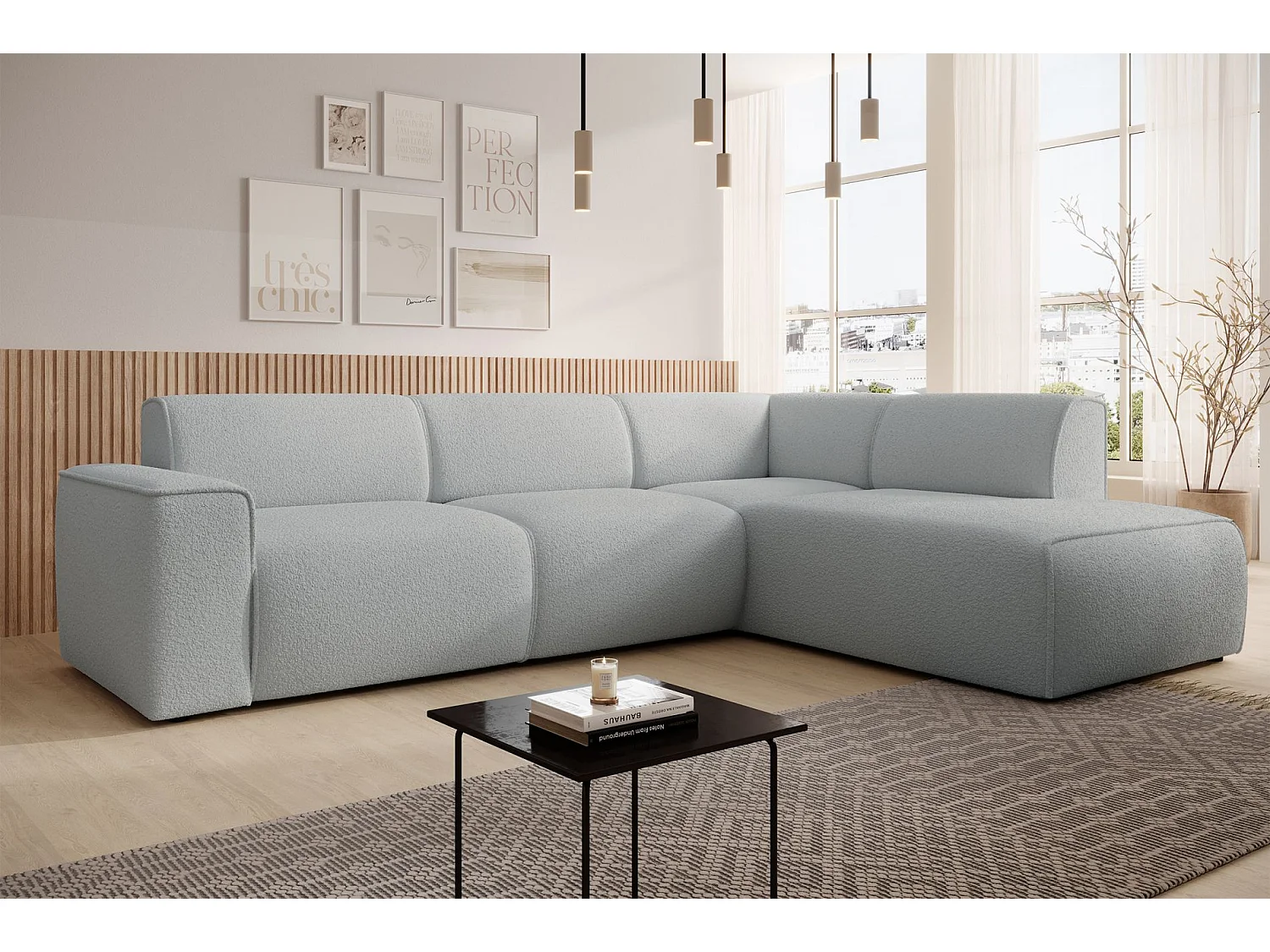 Hoekbank met rugleuning aan de ottomane – rechts – lichtgrijs – bouclé – BOUVI