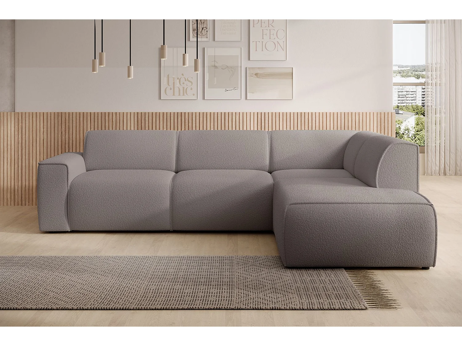 Hoekbank met rugleuning aan de ottomane – rechts – taupe – bouclé – BOUVI