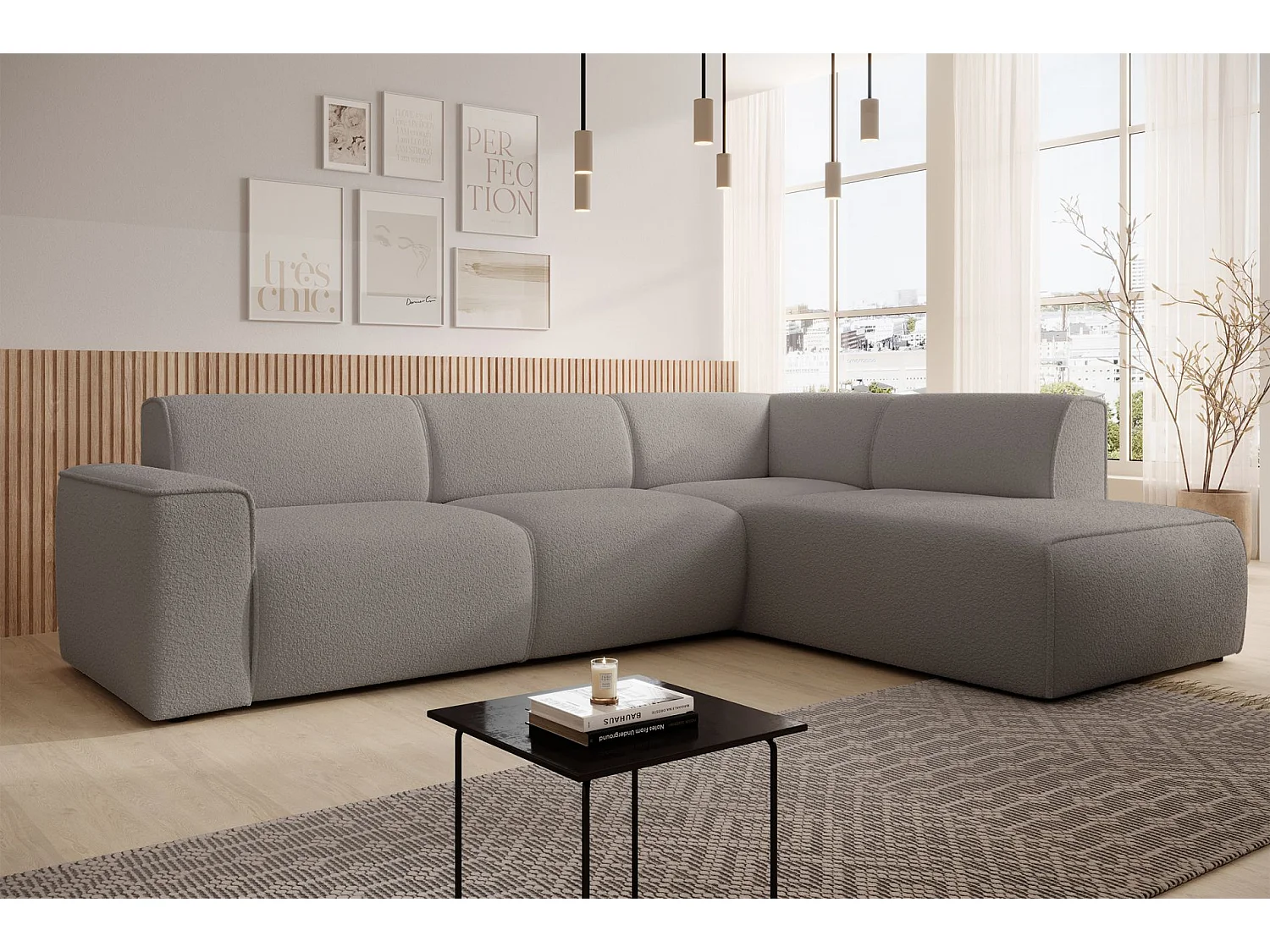 Hoekbank met rugleuning aan de ottomane – rechts – taupe – bouclé – BOUVI