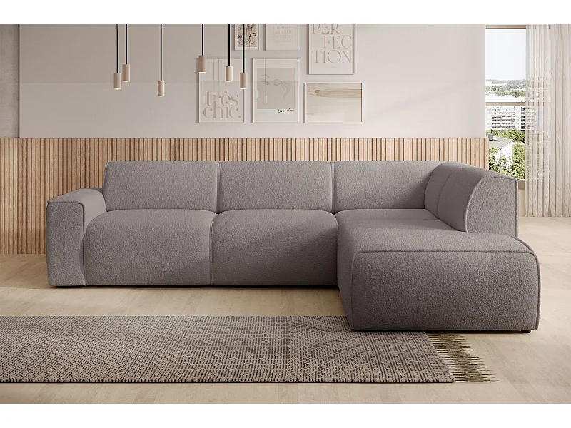 Canapé d’angle – dossier sur méridienne – côté droit – taupe – en bouclette – BOUVI