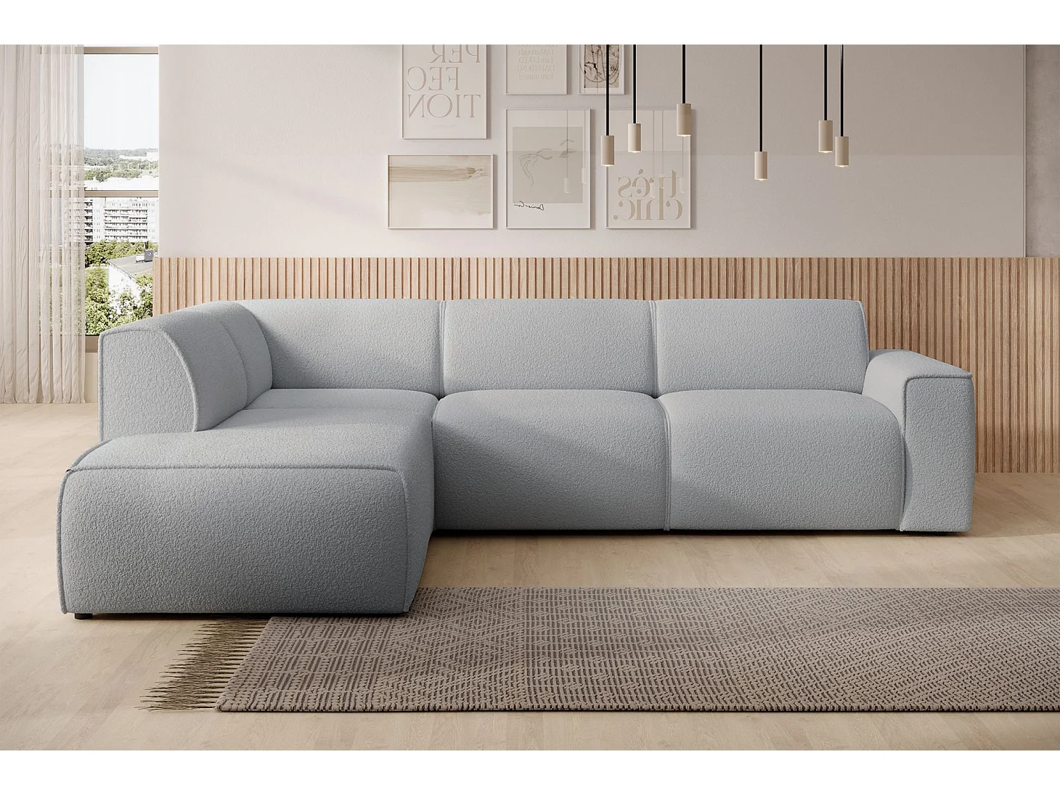 Hoekbank met rugleuning aan de ottomane – links – lichtgrijs – bouclé – BOUVI