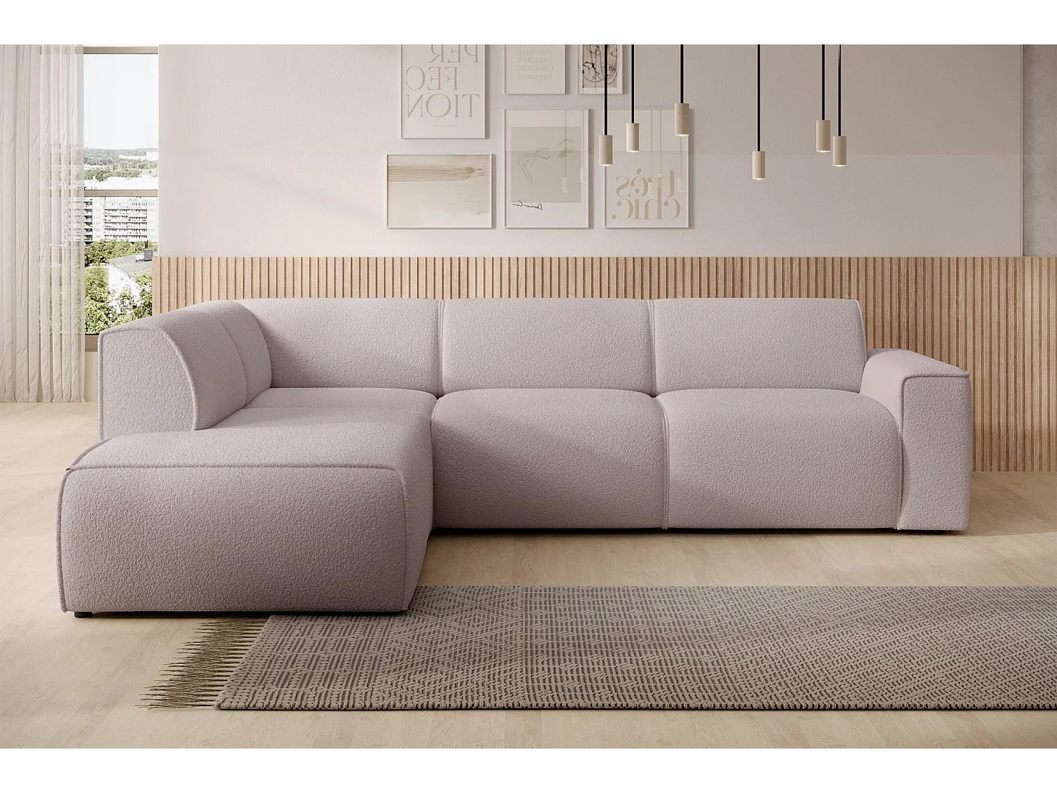 Hoekbank met rugleuning aan de ottomane – links – beige – bouclé – BOUVI