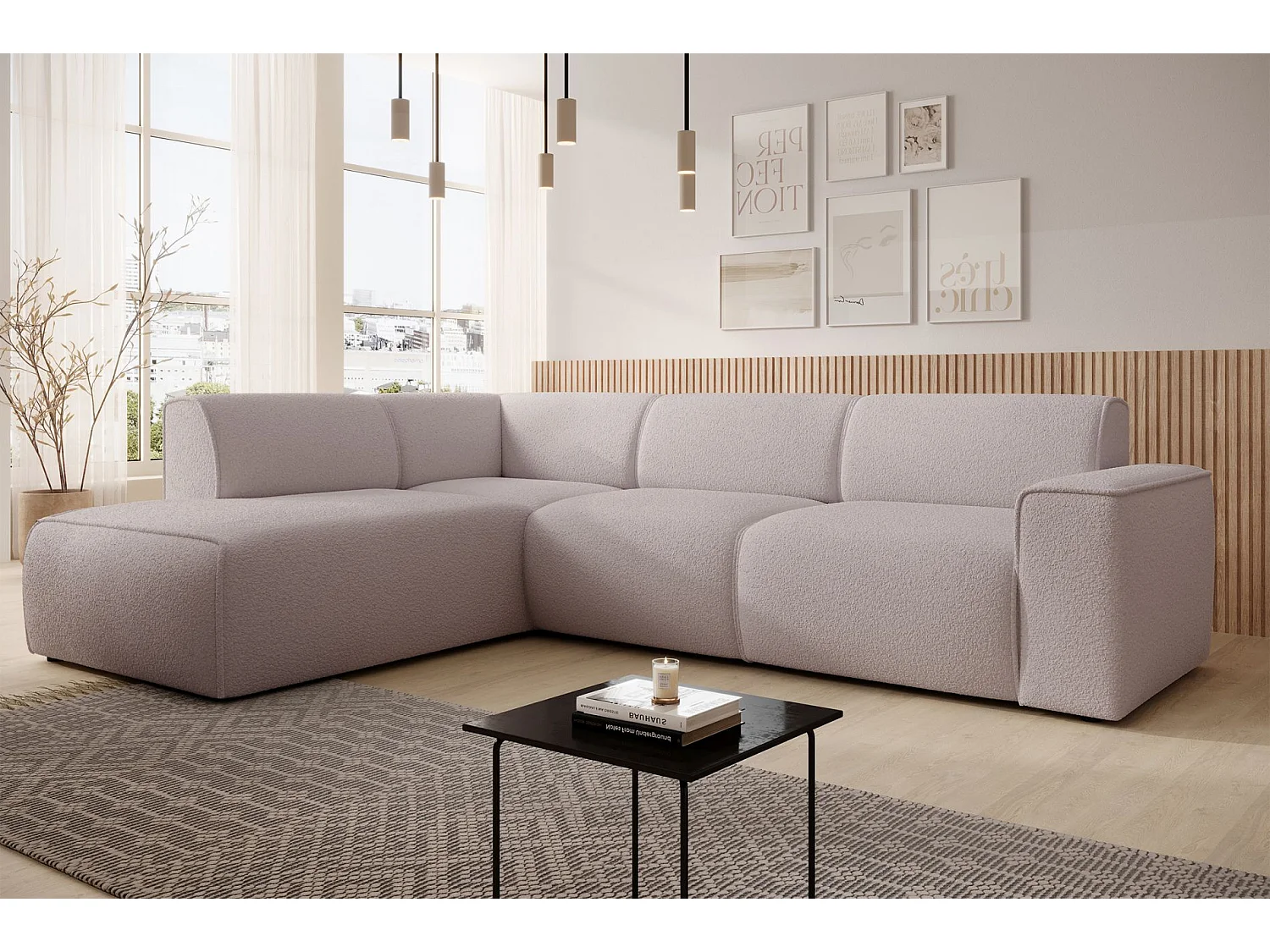 Hoekbank met rugleuning aan de ottomane – links – beige – bouclé – BOUVI