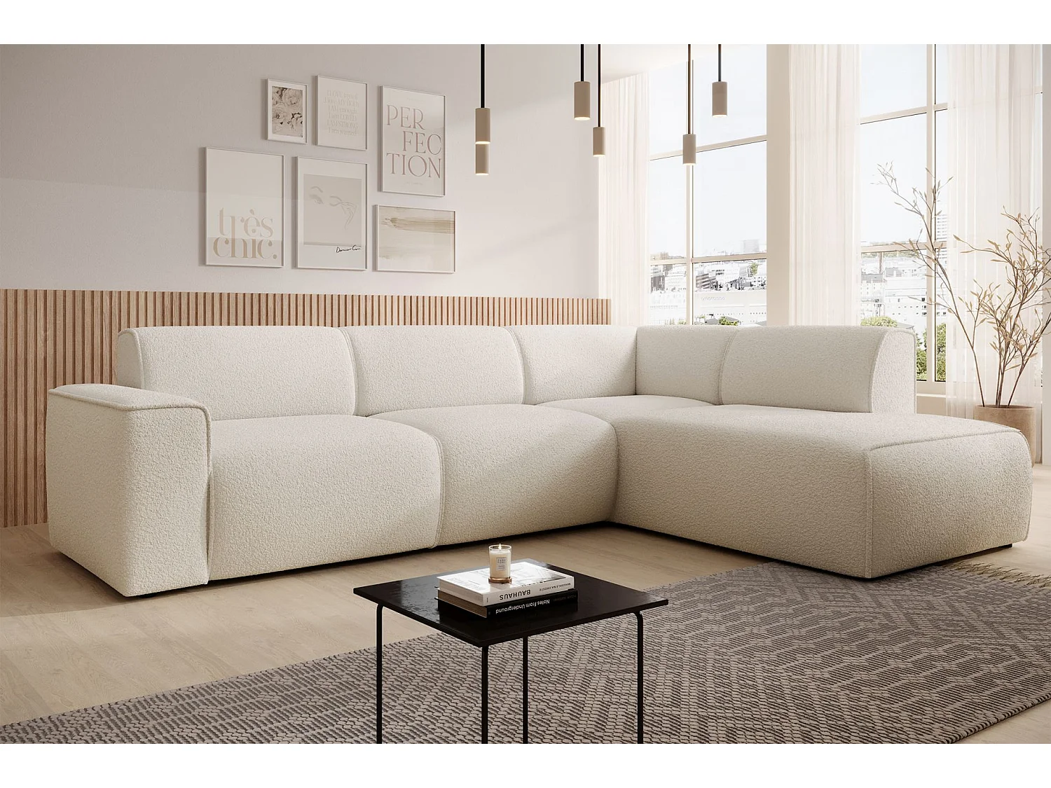 Hoekbank met rugleuning aan de ottomane – rechts – crème – bouclé – BOUVI