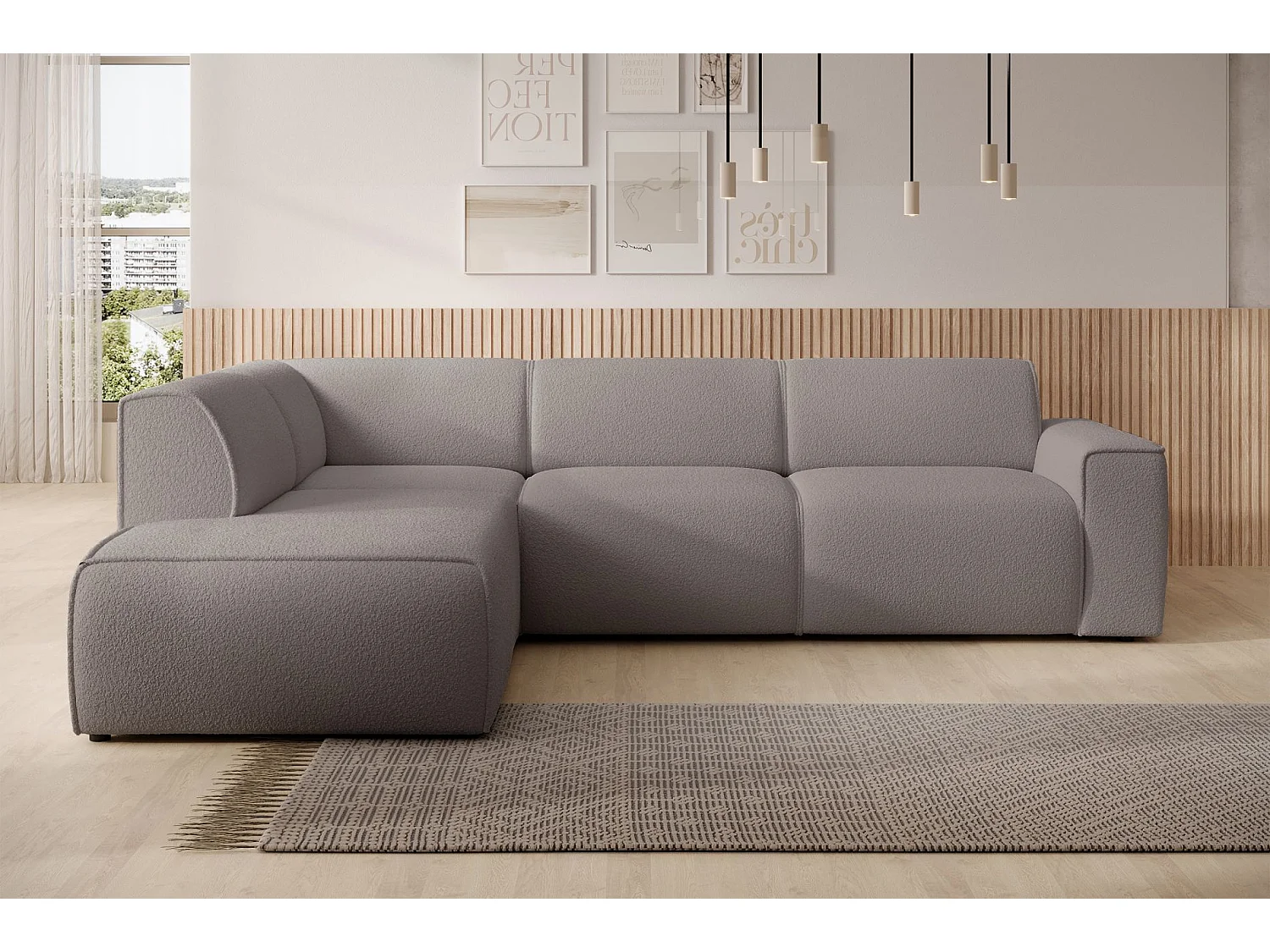 Hoekbank met rugleuning aan de ottomane – links – taupe – bouclé – BOUVI