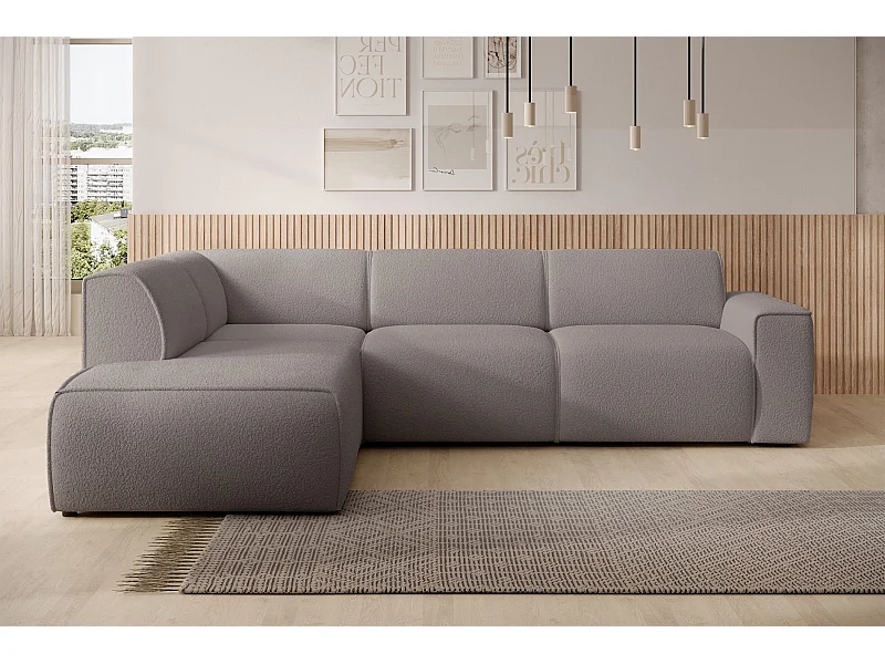 Canapé d’angle – dossier sur méridienne – côté gauche – taupe – en bouclette – BOUVI