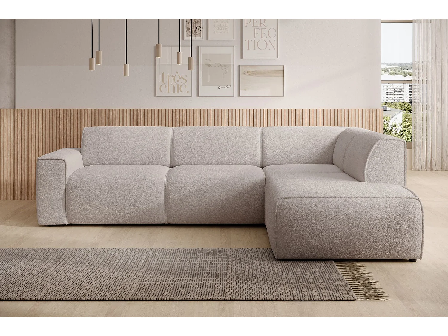 Hoekbank met rugleuning aan de ottomane – rechts – lichtbeige – bouclé – BOUVI