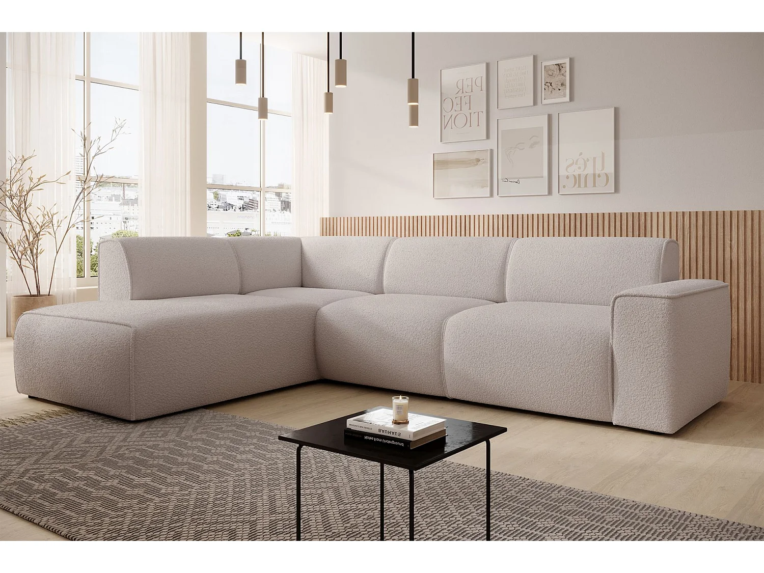 Hoekbank met rugleuning aan de ottomane – links – lichtbeige – bouclé – BOUVI