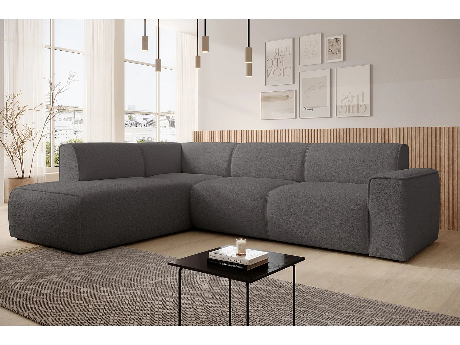 Hoekbank met rugleuning aan de ottomane – links – donkergrijs – bouclé – BOUVI