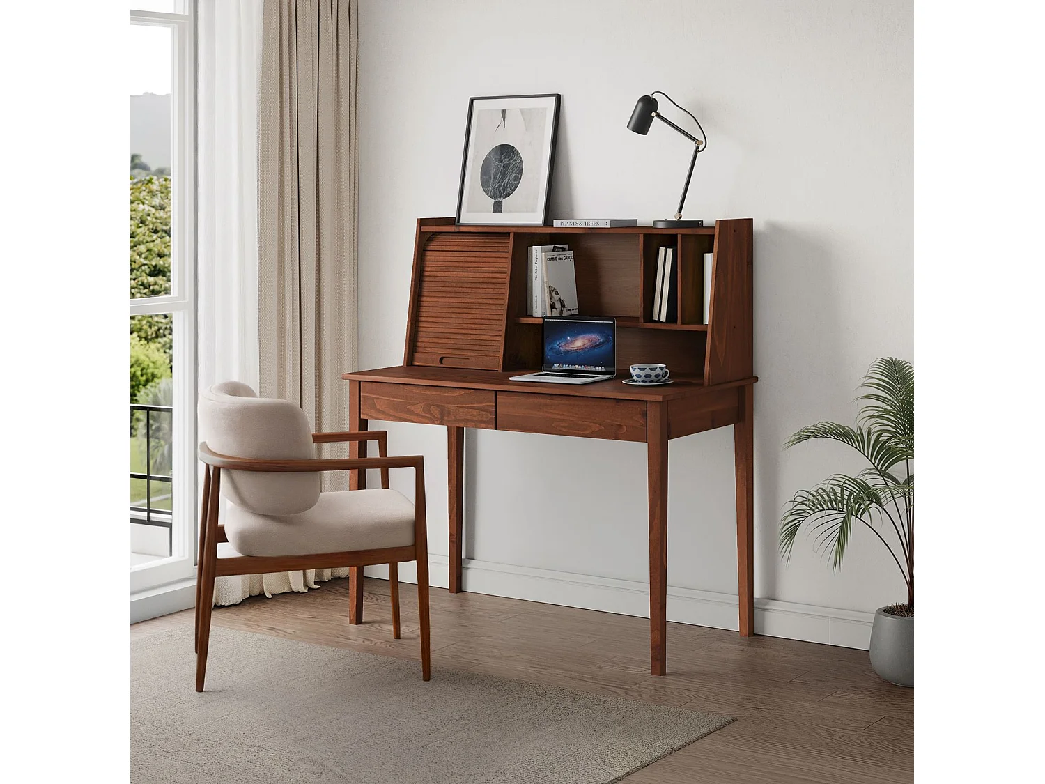 Bureau Secrétaire ALISA en Bois Massif avec 2 Tiroirs, 1 Volet, 4 Niches, 114 x 122 x 54 cm, Couleur Châtaignier