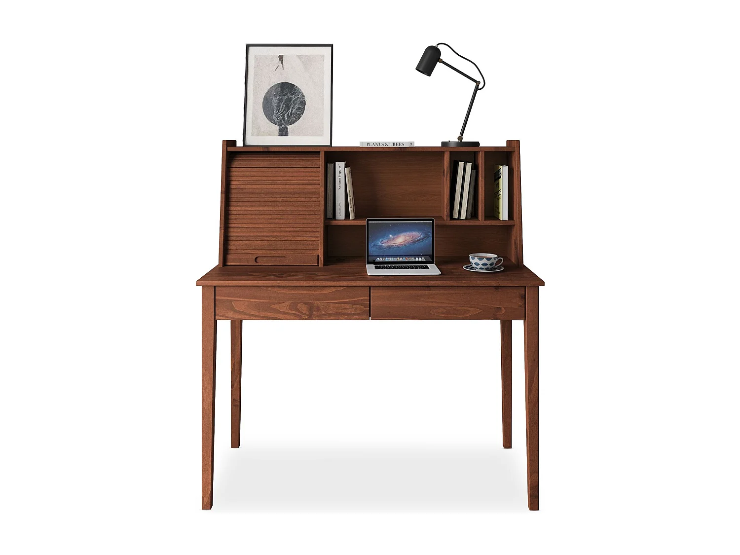 Bureau Secrétaire ALISA en Bois Massif avec 2 Tiroirs, 1 Volet, 4 Niches, 114 x 122 x 54 cm, Couleur Châtaignier