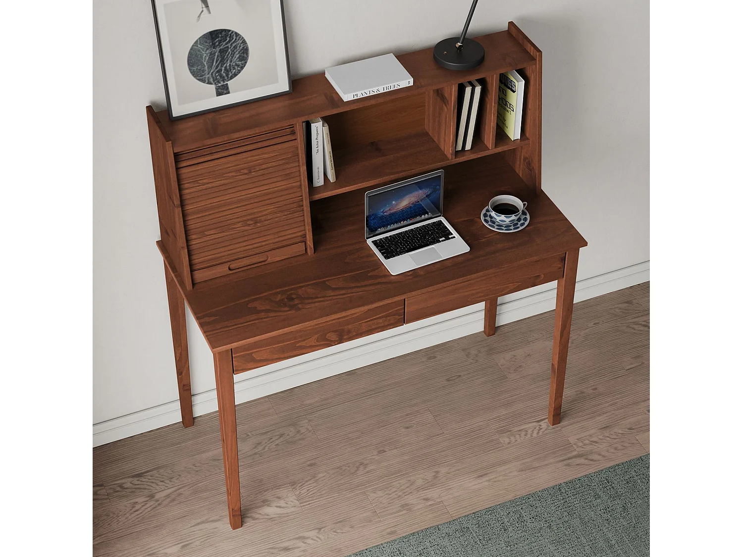 Bureau Secrétaire ALISA en Bois Massif avec 2 Tiroirs, 1 Volet, 4 Niches, 114 x 122 x 54 cm, Couleur Châtaignier