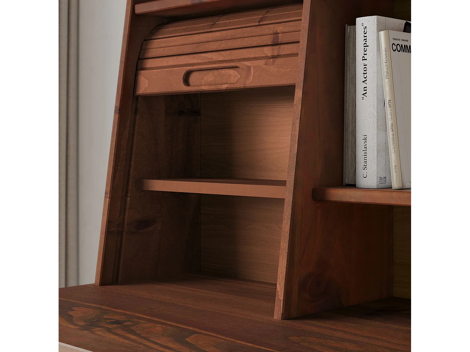 Bureau Secrétaire ALISA en Bois Massif avec 2 Tiroirs, 1 Volet, 4 Niches, 114 x 122 x 54 cm, Couleur Châtaignier