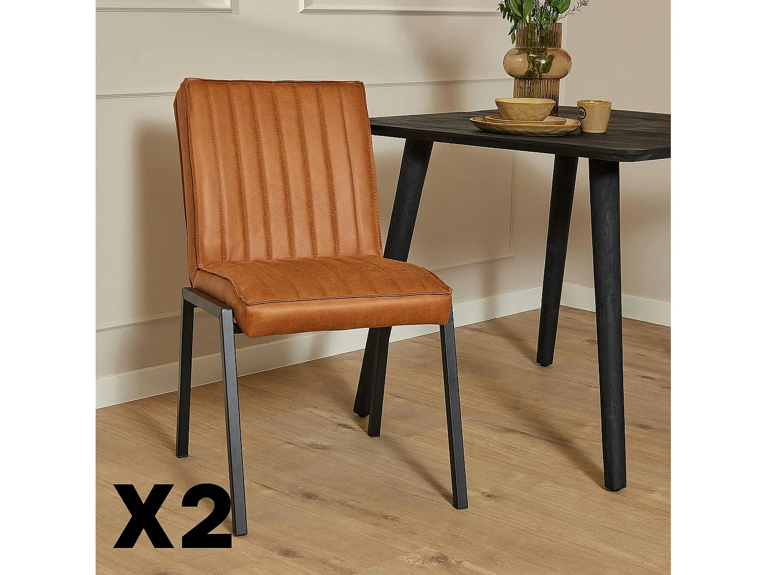 Chaise cognac rembourrée à bandes (lot de 2) CORTINA