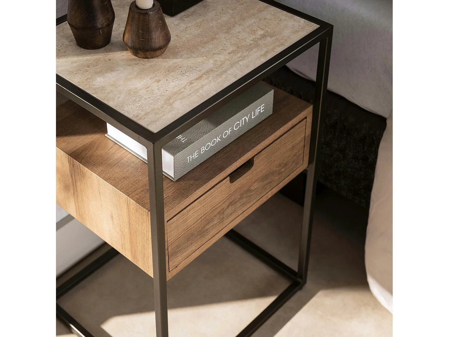 Table de chevet moderne effet travertin 1 tiroir ASCOLI