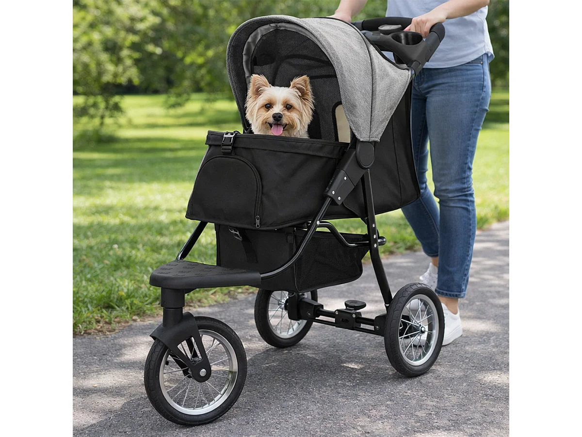 Faltbarer 3 Rad Buggy Grau - Jogger für Haustiere, Hund, Katze, Tragetasche