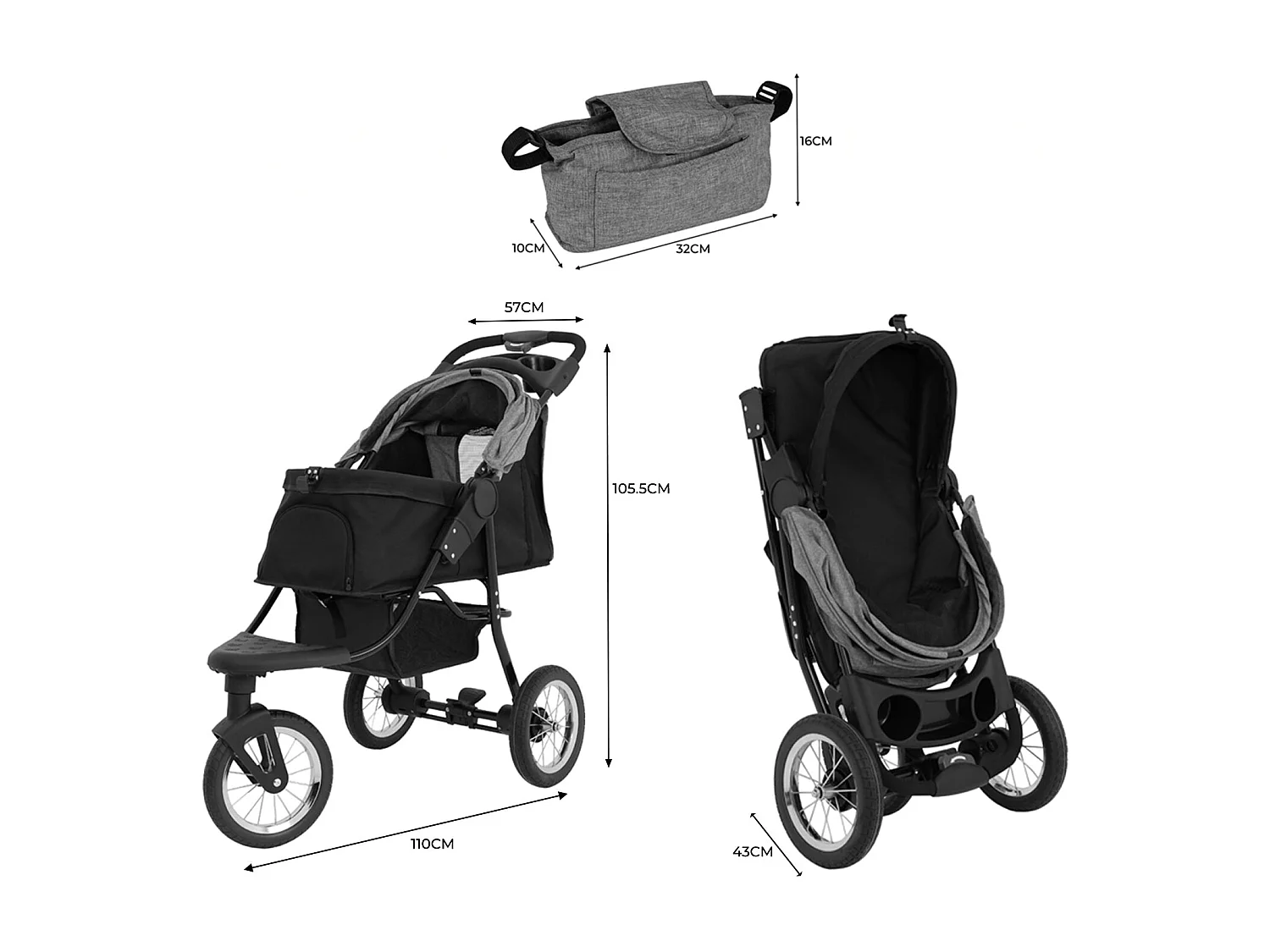 Faltbarer 3 Rad Buggy Grau - Jogger für Haustiere, Hund, Katze, Tragetasche