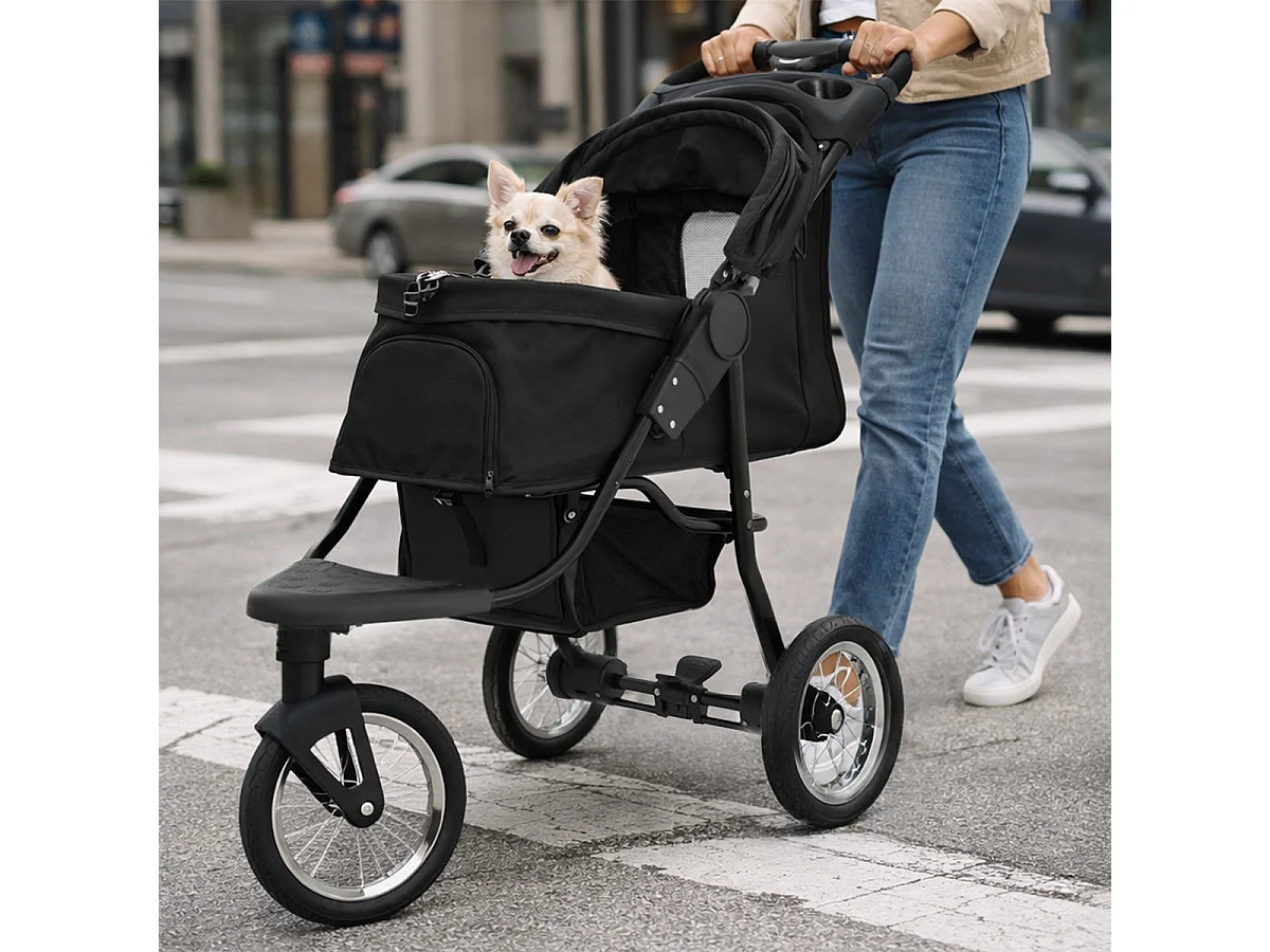 Faltbarer 3 Rad Buggy Schwarz - Jogger für Haustiere, Hund, Katze, Tragetasche