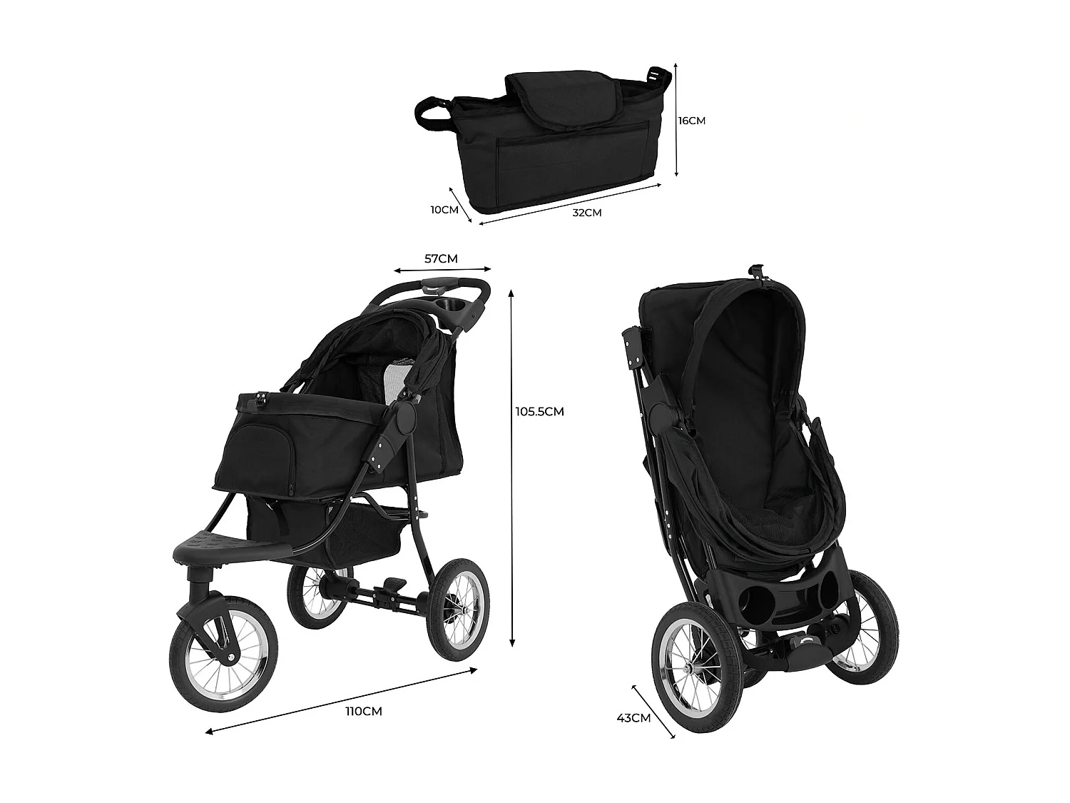 Faltbarer 3 Rad Buggy Schwarz - Jogger für Haustiere, Hund, Katze, Tragetasche