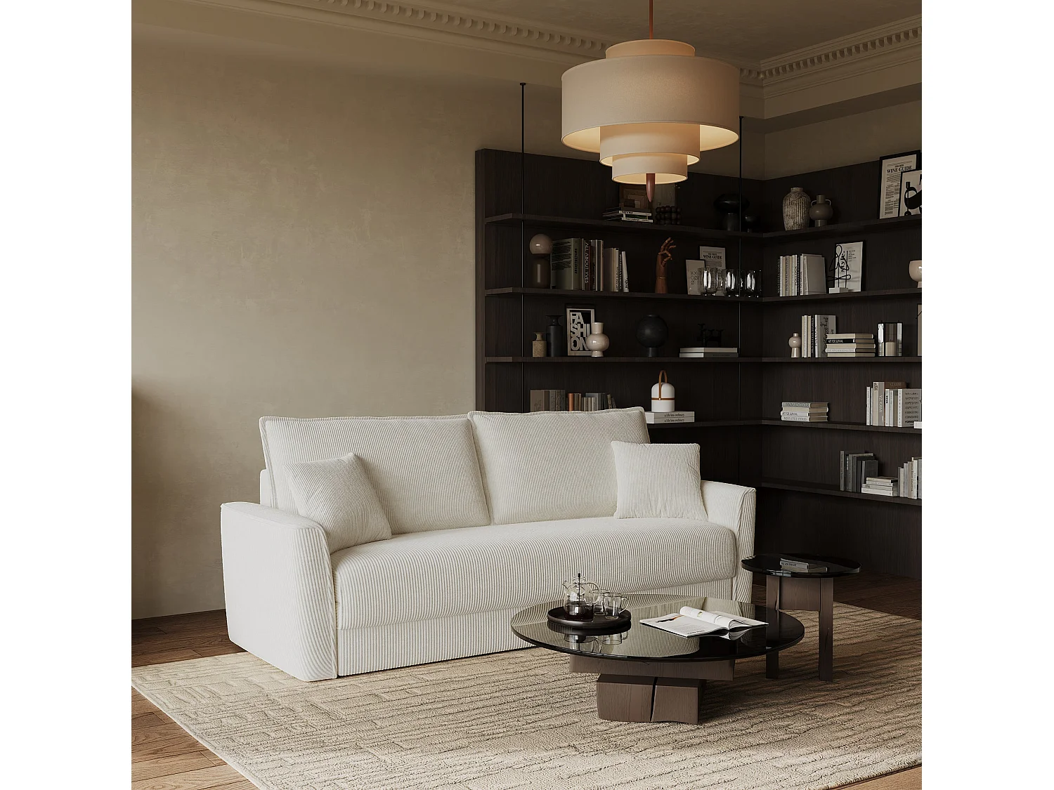 Canapé convertible 3 places velours côtelé crème 180cm LUXO