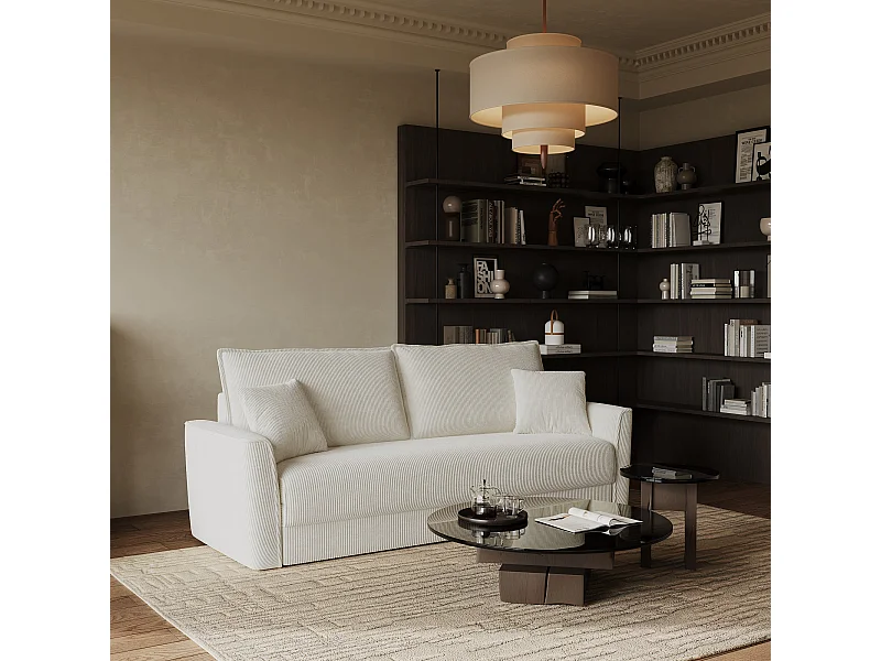 Canapé convertible 3 places velours côtelé crème 180cm LUXO