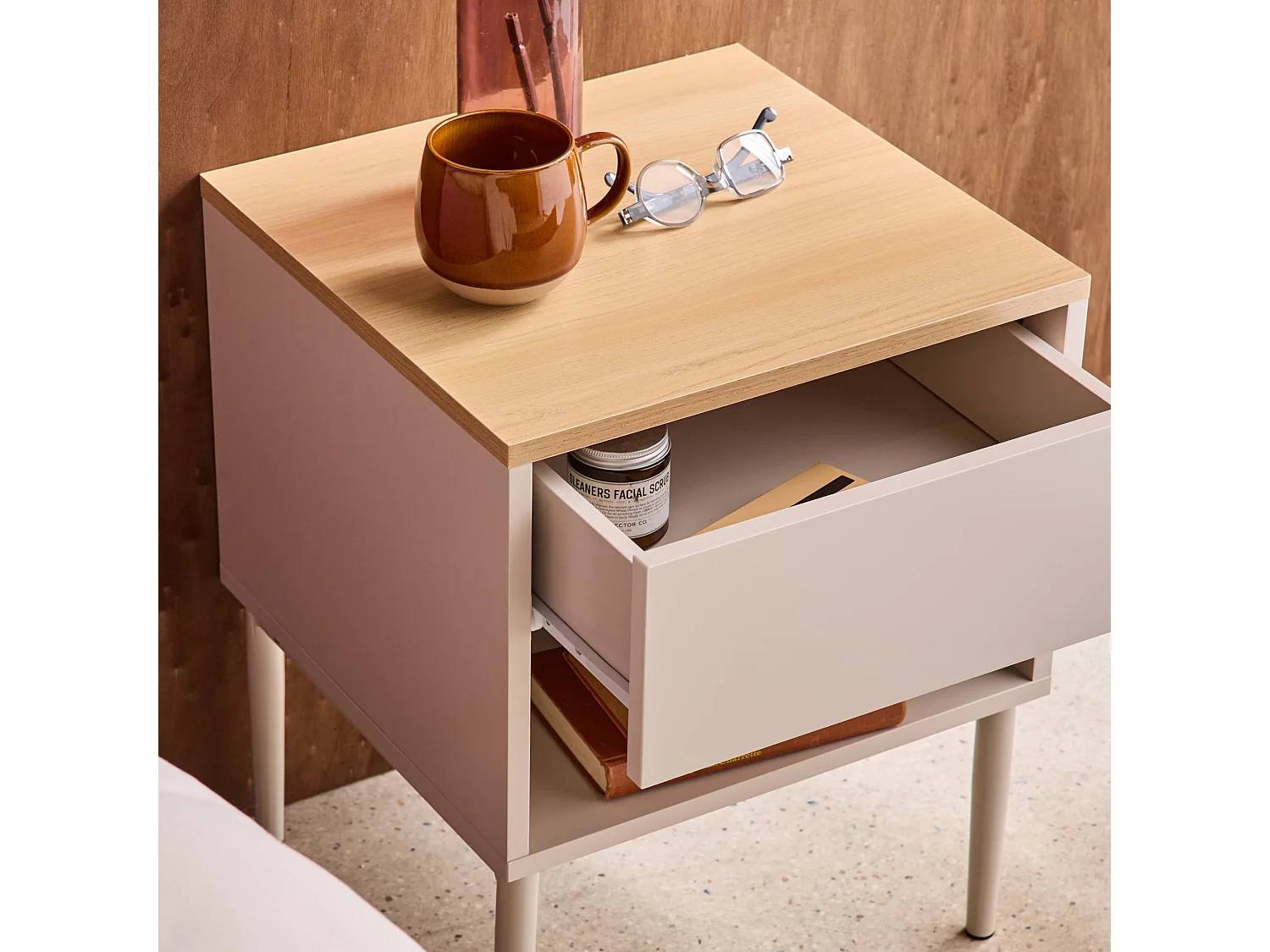 Table de chevet métal et décor bois 1 tiroir 1 niche beige et naturel - Ashton