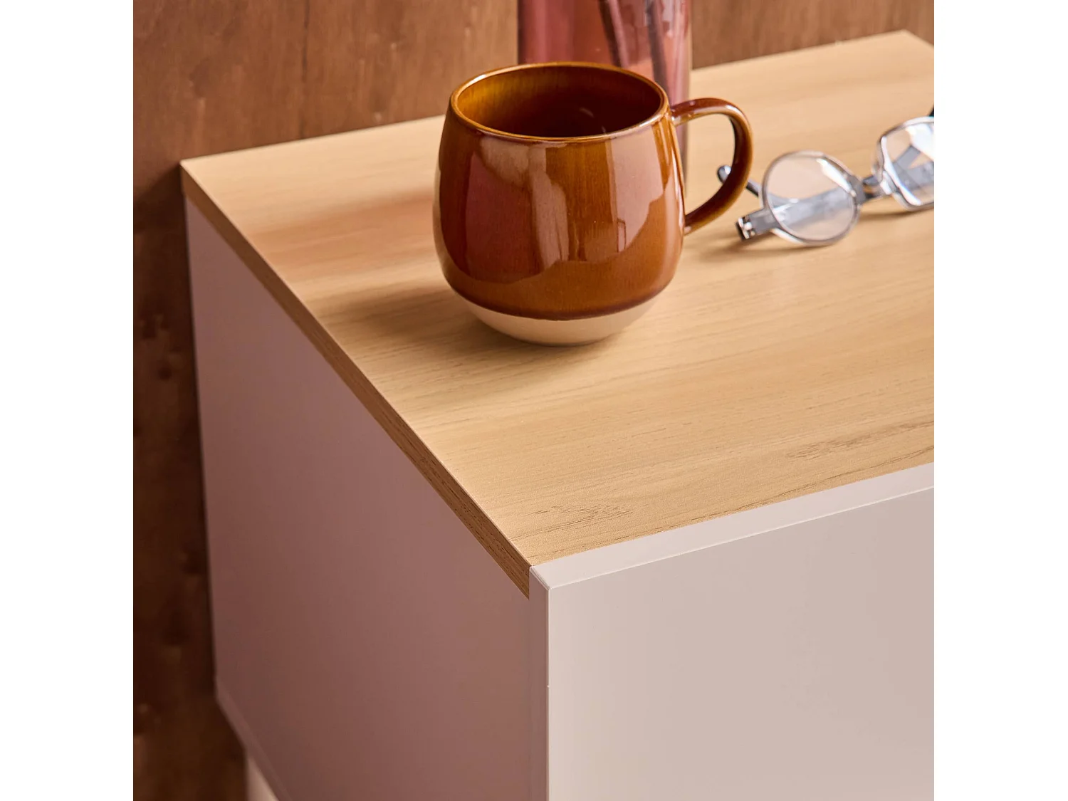 Table de chevet métal et décor bois 1 tiroir 1 niche beige et naturel - Ashton