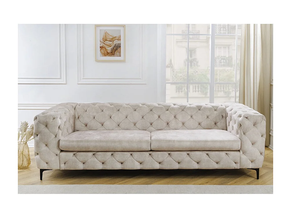 Canapé droit VELENA champagne – Canapé baroque en velours avec pieds métal noirs