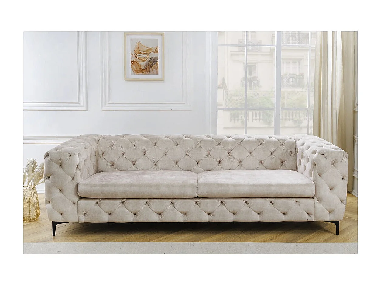 Canapé droit VELENA champagne – Canapé baroque en velours avec pieds métal noirs