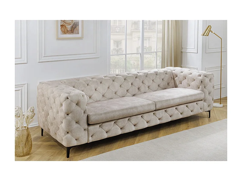 Canapé droit VELENA champagne – Canapé baroque en velours avec pieds métal noirs