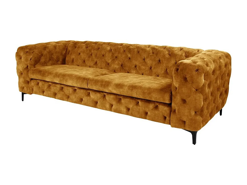 Canapé droit VELENA jaune moutarde – Canapé baroque en velours avec pieds métal noirs