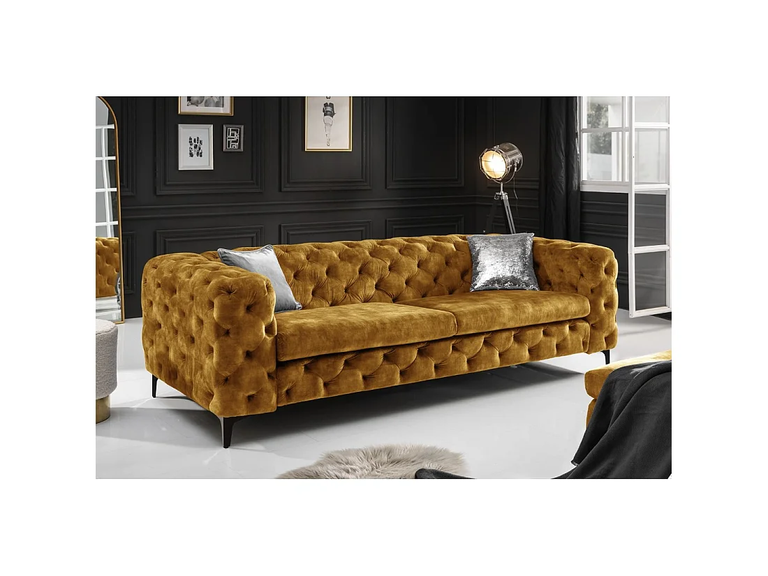 Sofa recht VELENA mosterdgeel - Barokke fluwelen sofa met zwarte metalen poten
