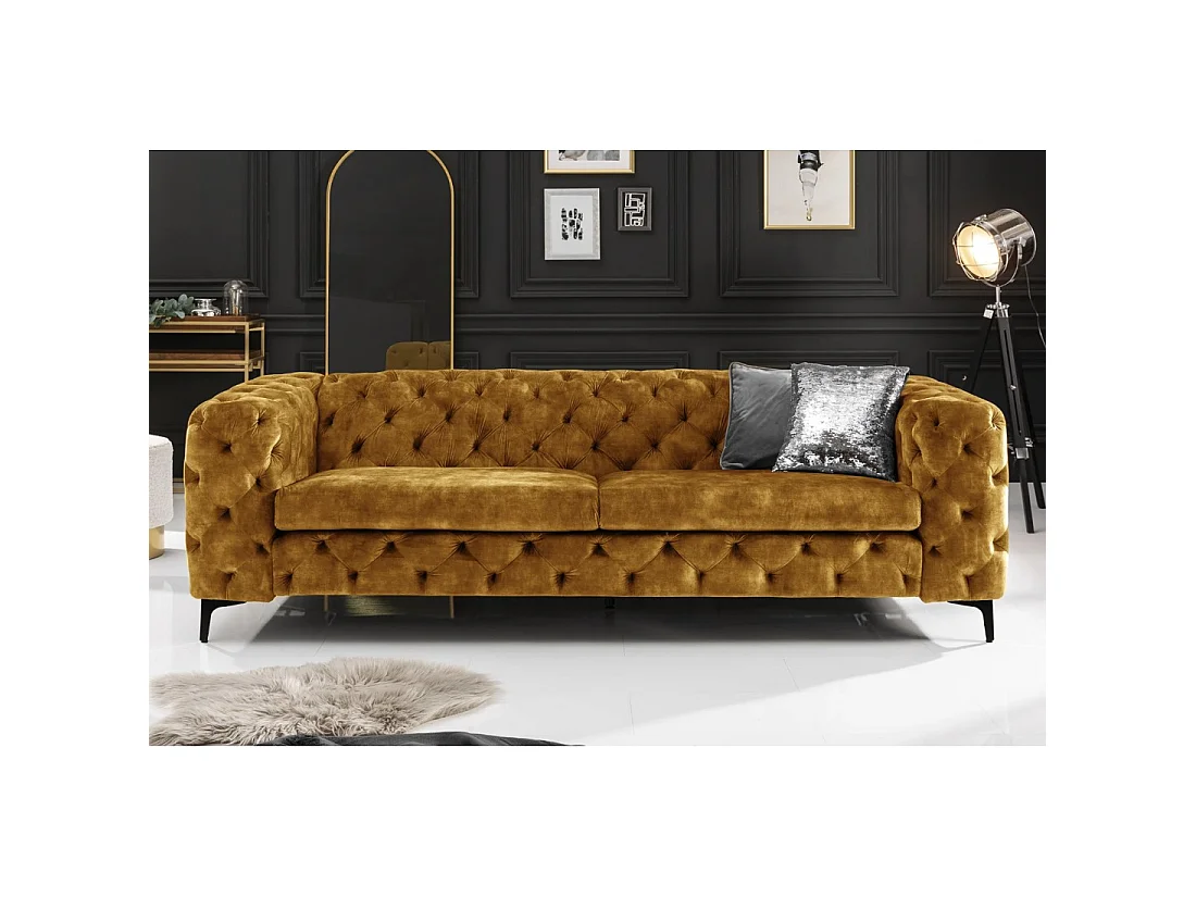 Sofa recht VELENA mosterdgeel - Barokke fluwelen sofa met zwarte metalen poten