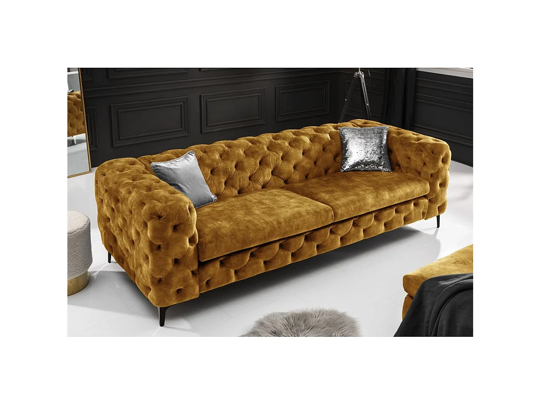 Sofa recht VELENA mosterdgeel - Barokke fluwelen sofa met zwarte metalen poten