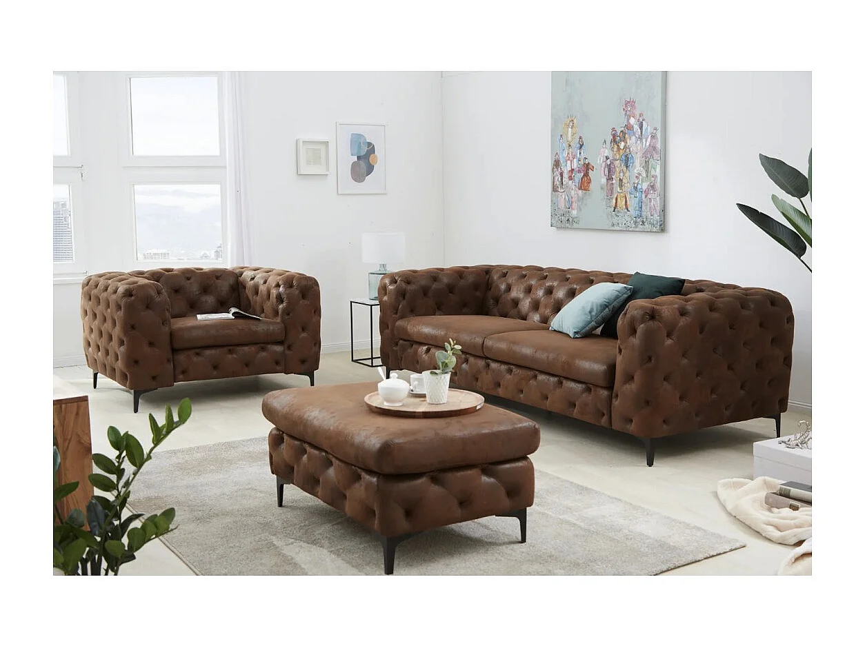 Canapé droit VELENA marron – Canapé baroque en microfibre avec pieds métal noirs