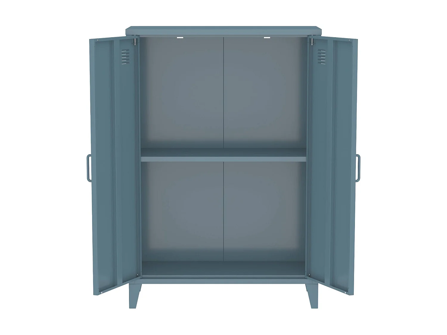 Commode/armoire en métal bleu. 2 espaces de rangement. casiers