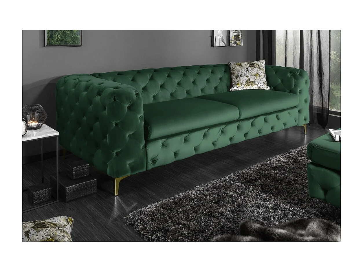Canapé droit VELENA vert émeraude – Canapé baroque en velours avec pieds métal dorés