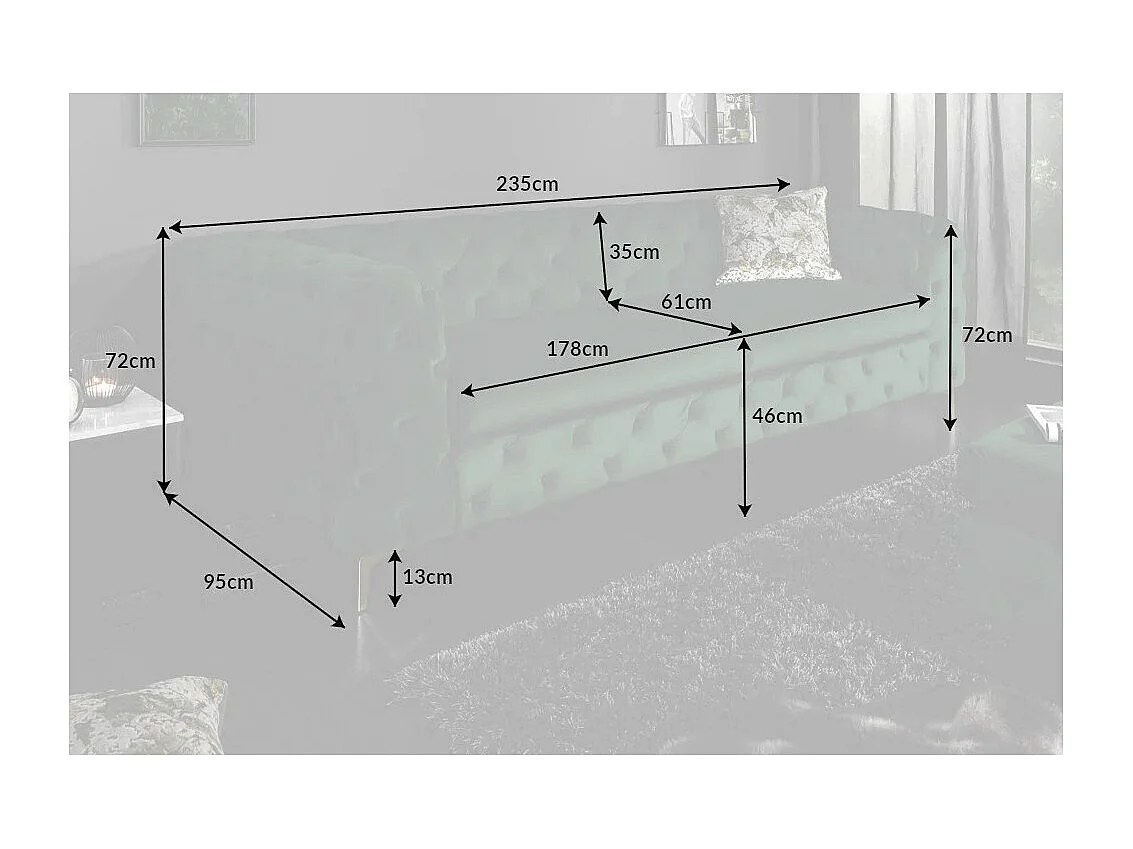 Canapé droit VELENA vert émeraude – Canapé baroque en velours avec pieds métal dorés