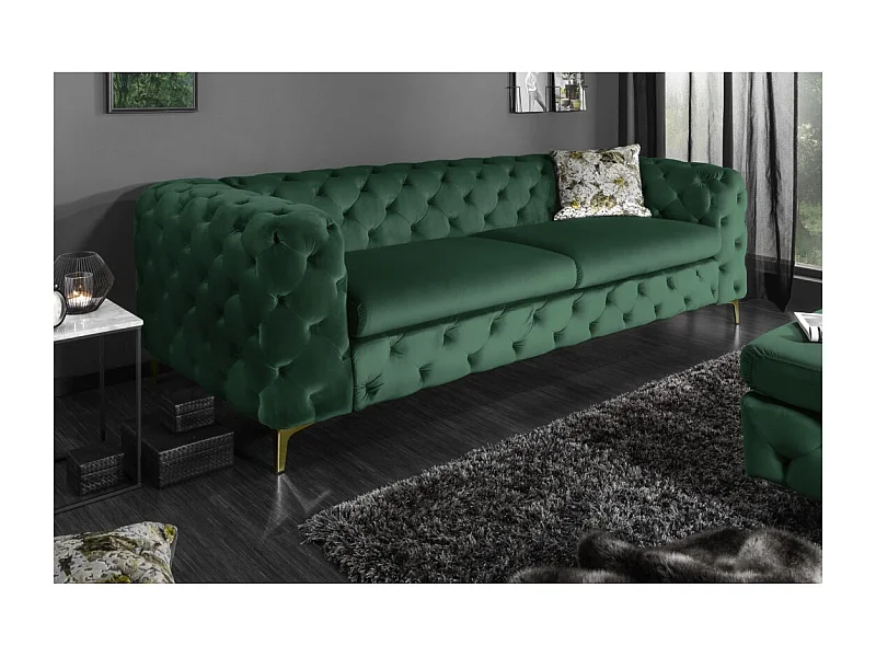 Canapé droit VELENA vert émeraude – Canapé baroque en velours avec pieds métal dorés