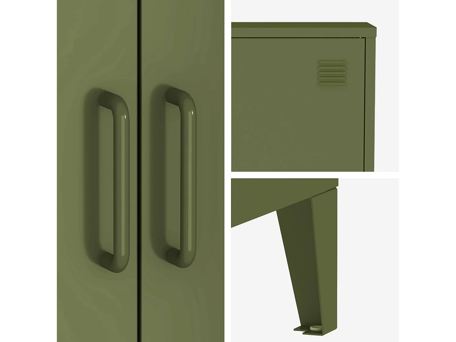 Commode/armoire en métal kaki. 2 espaces de rangement. casiers