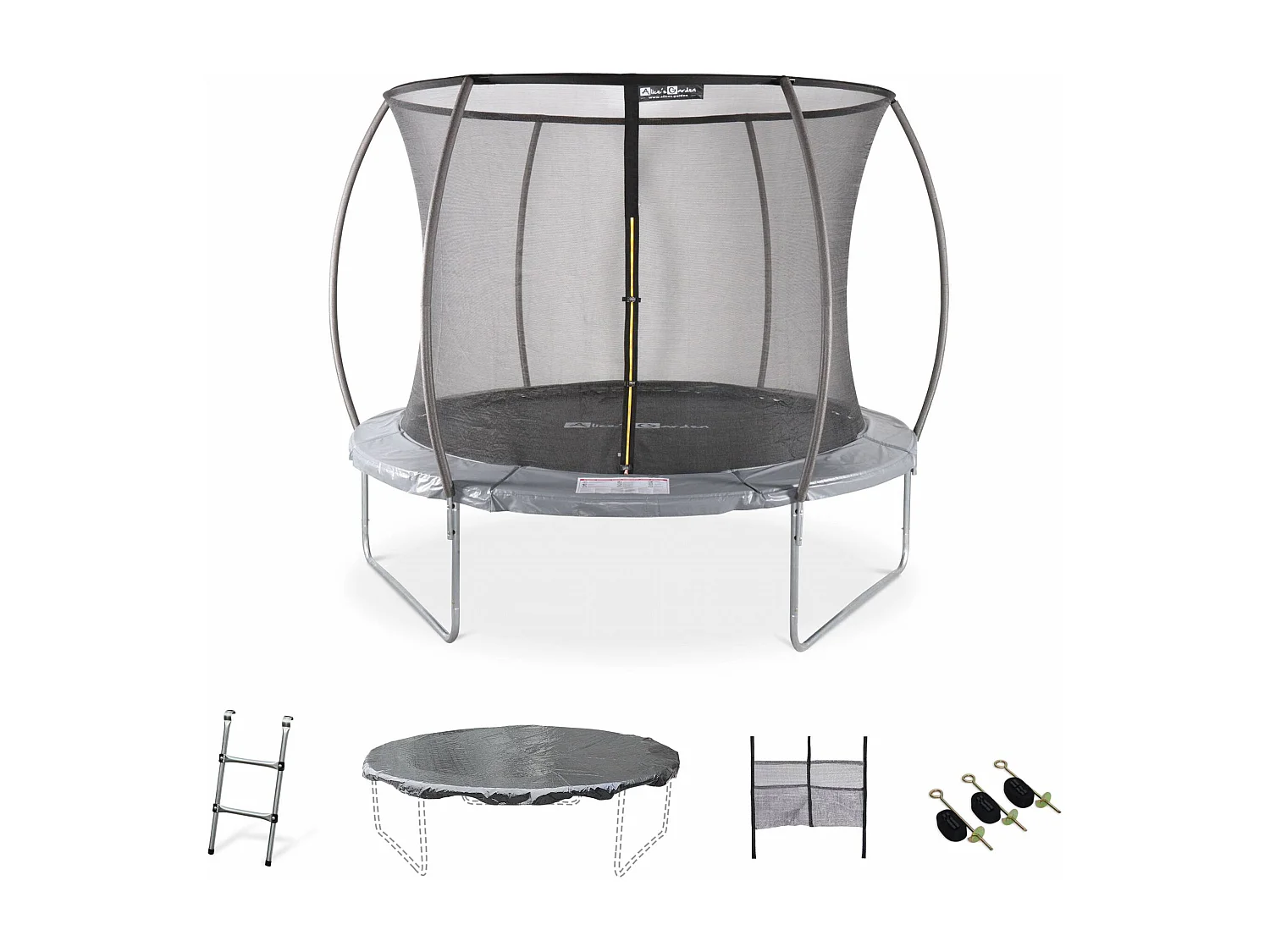 Trampoline Ø 305cm - Mars Inner XXL- trampoline de jardin gris avec filet de protection intérieur. échelle. bâche. filet pour chaussures et kit d'ancrage 3.05m