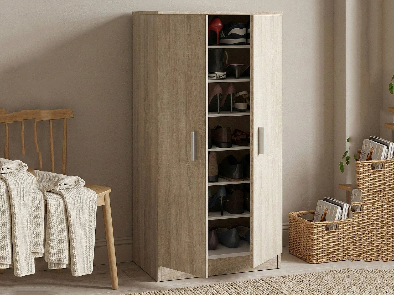 Armoire polyvalente Dbonucc, Armoire auxiliaire avec 2 portes, Armoire à chaussures basse avec 6 étagères, Étagère à chaussures moderne, 55x36h108 cm, Chêne