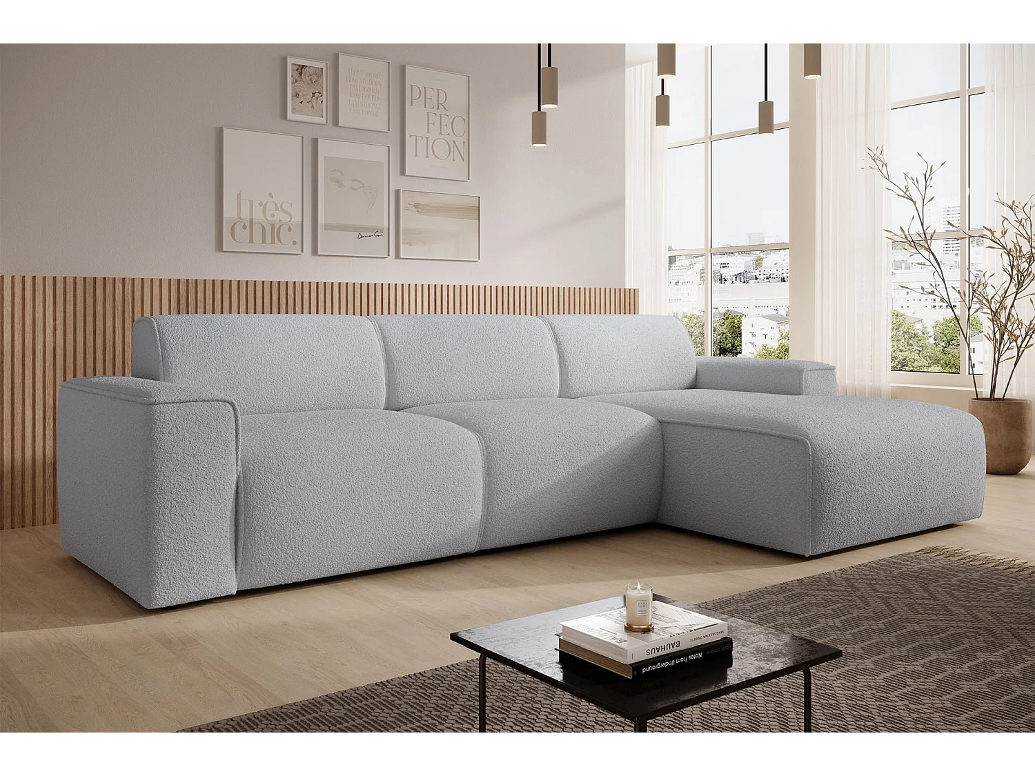 Hoekbank – ottomane rechts – lichtgrijs – bouclé – BOUVI